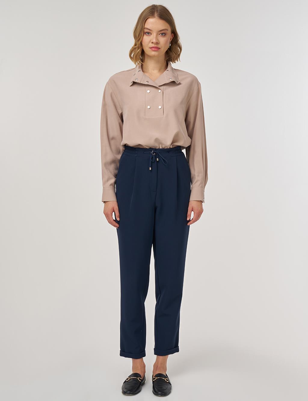 Duble Paça Pileli Pantolon Koyu Lacivert