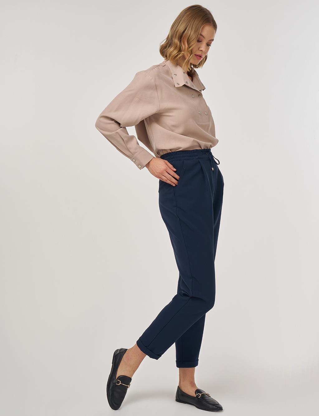 Duble Paça Pileli Pantolon Koyu Lacivert