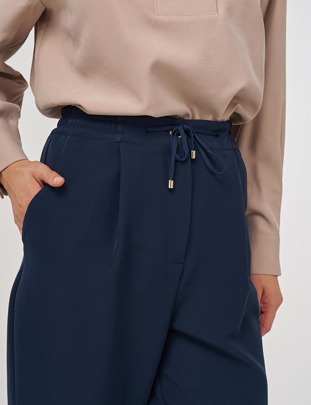 Duble Paça Pileli Pantolon Koyu Lacivert