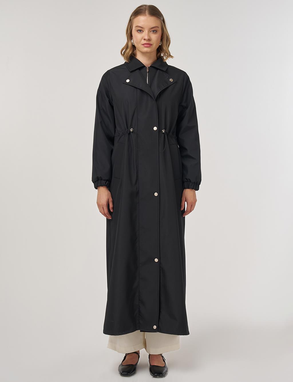 Drawstring Waist Overcoat Black