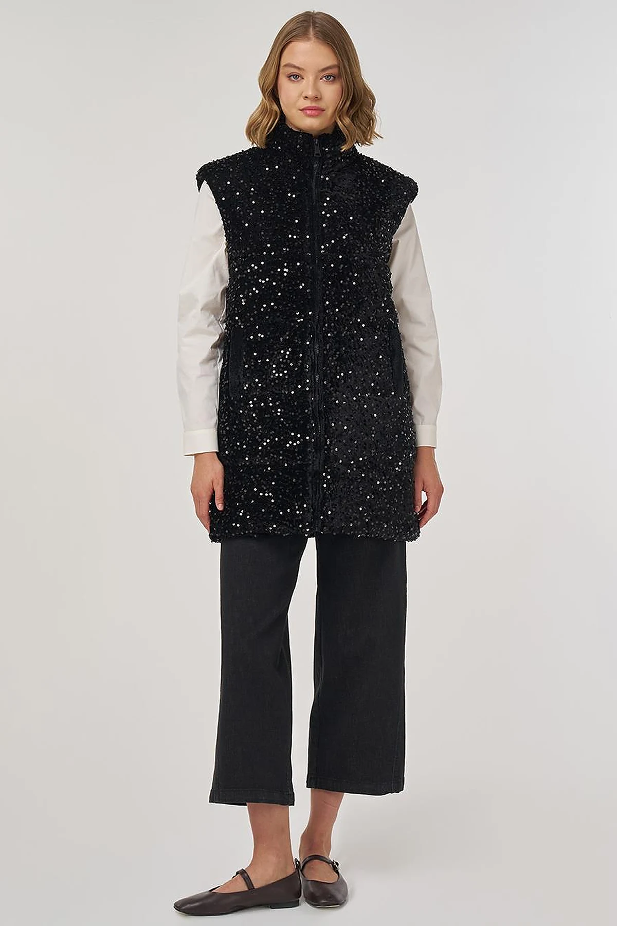 Sequin-Embroidered Puffer Vest Black