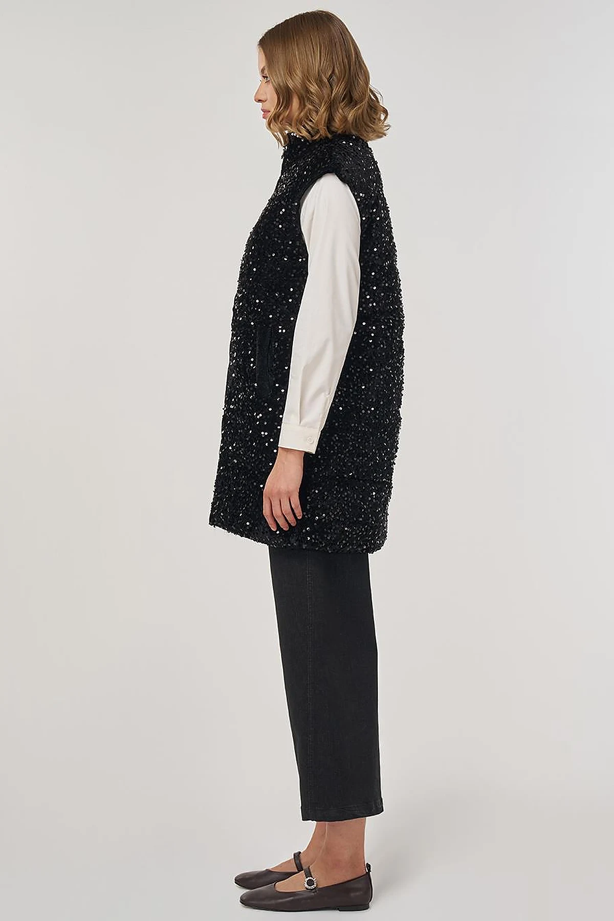 Sequin-Embroidered Puffer Vest Black