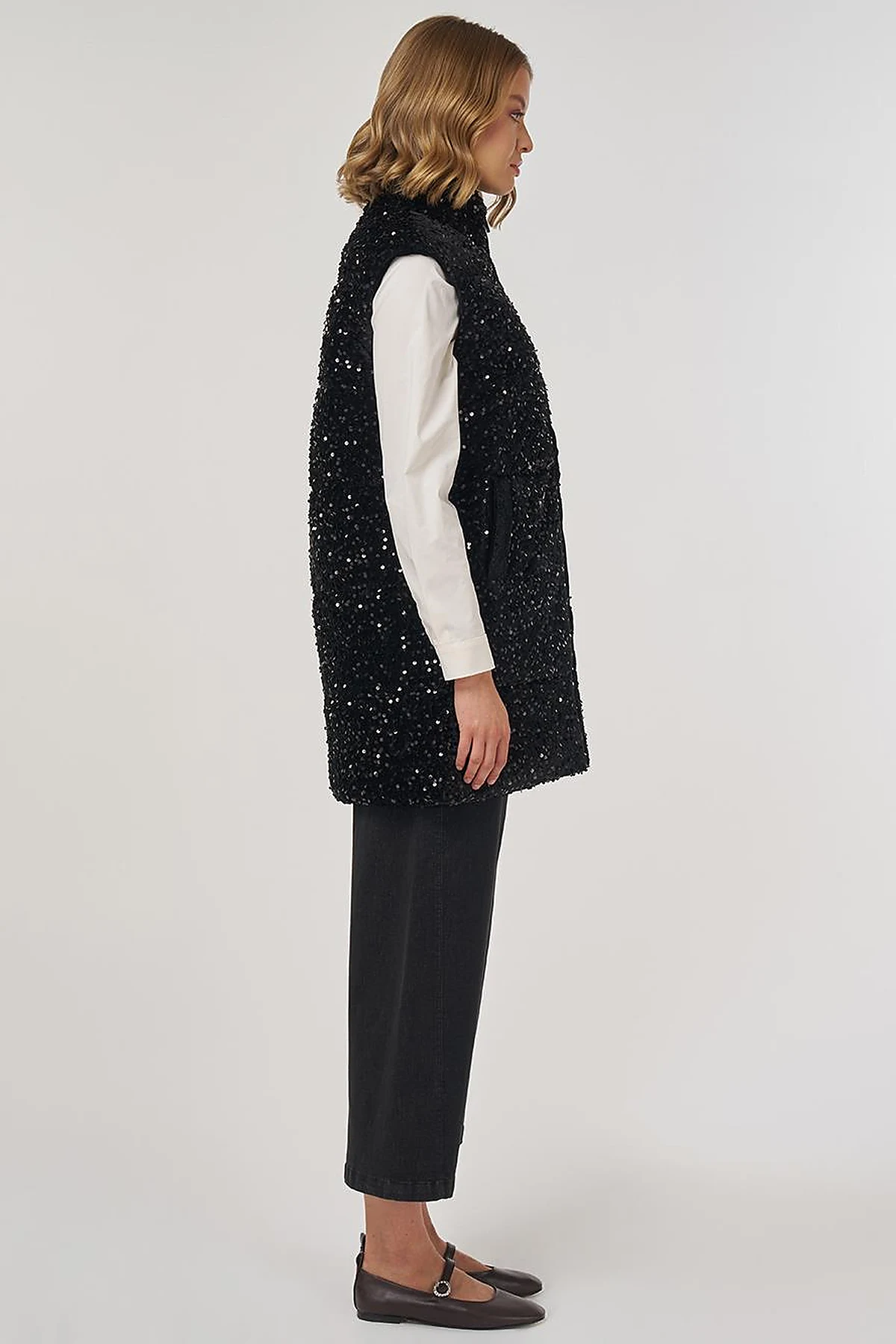 Sequin-Embroidered Puffer Vest Black