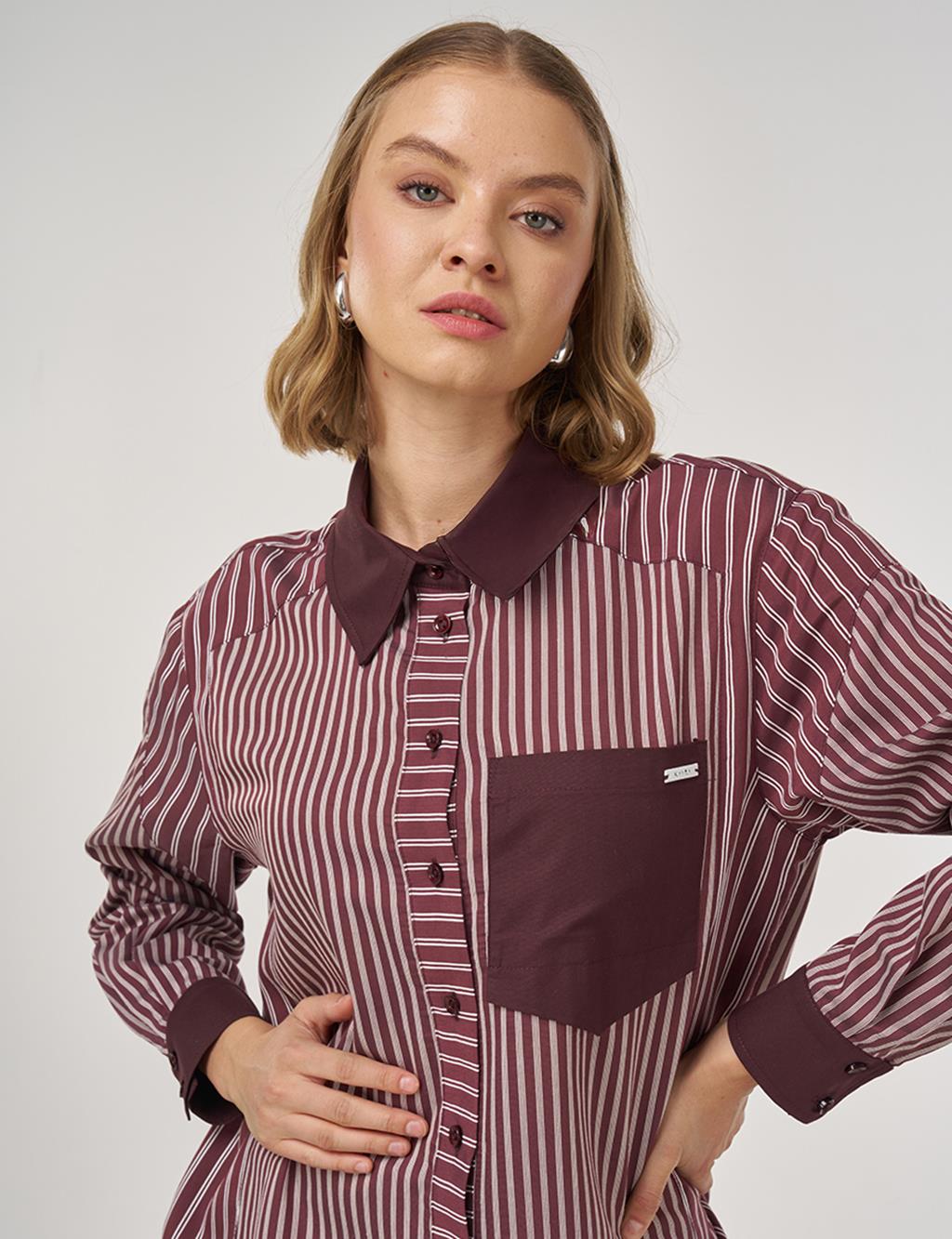 Çizgi Desen Viskon Tunik Koyu Bordo 