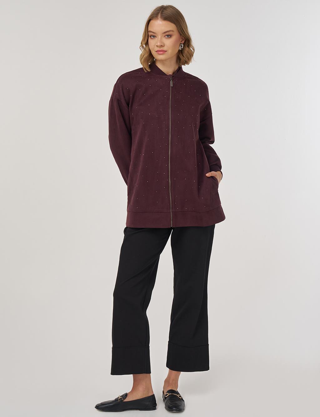 Hotfix Baskılı Süet Ceket Koyu Bordo