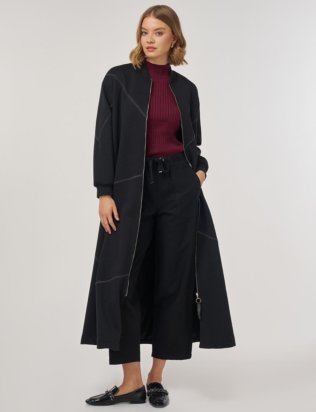 College Collar Textured Topcoat in Black