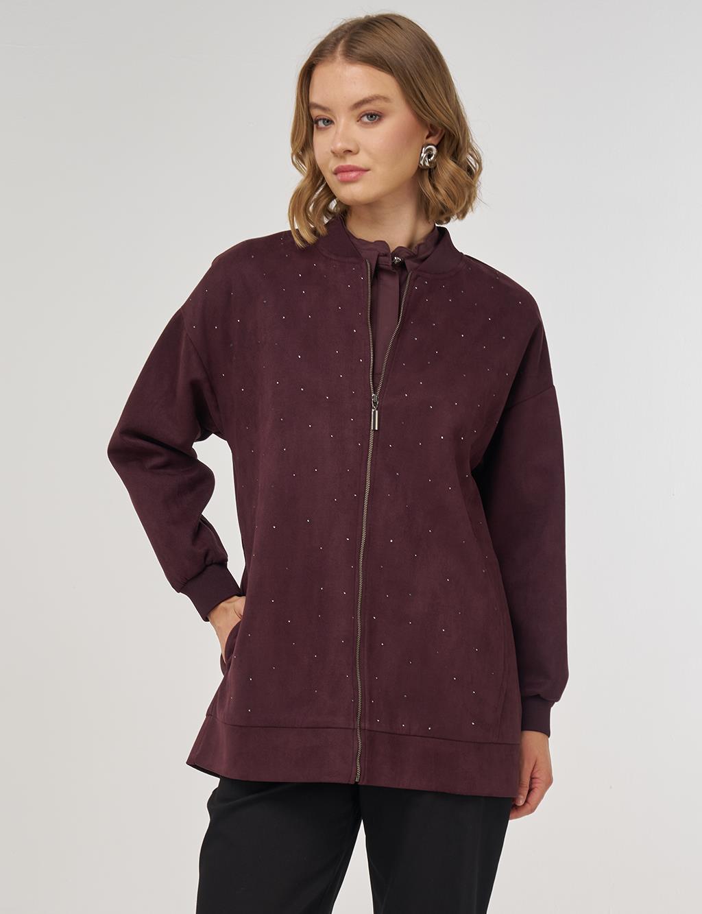Hotfix Baskılı Süet Ceket Koyu Bordo