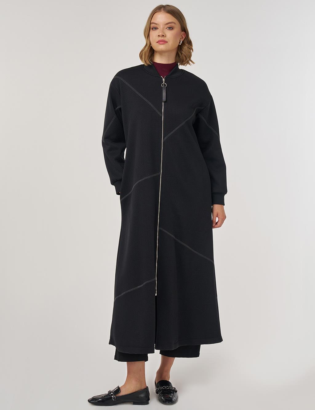 College Collar Textured Topcoat in Black