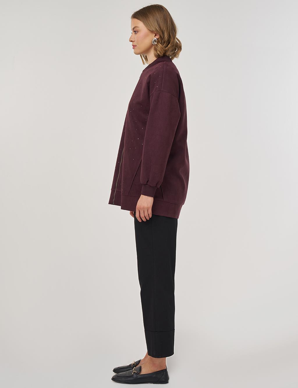 Hotfix Baskılı Süet Ceket Koyu Bordo
