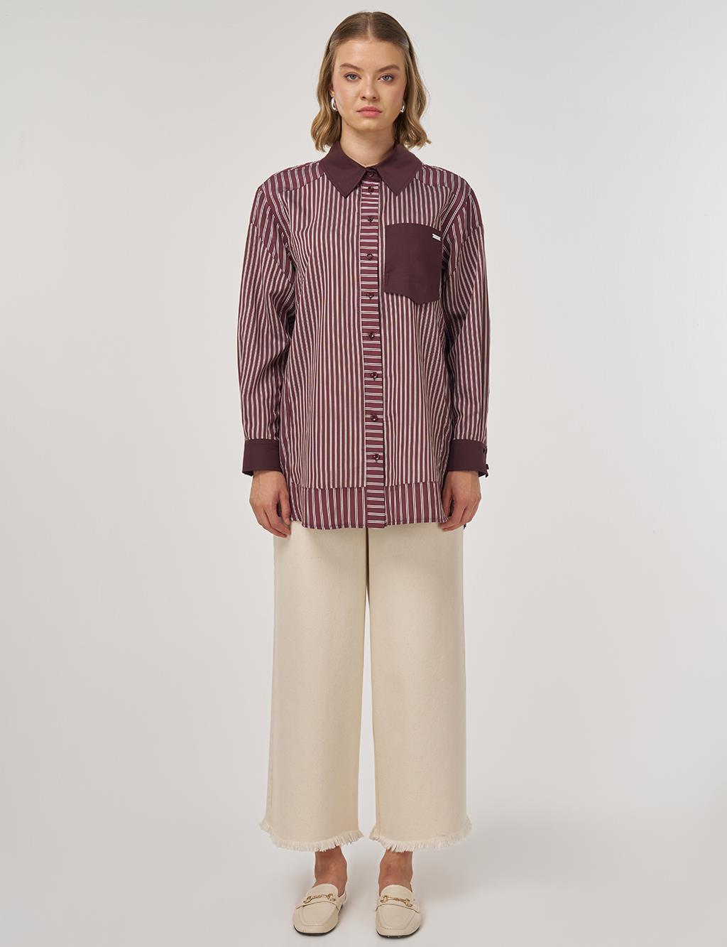 Çizgi Desen Viskon Tunik Koyu Bordo 