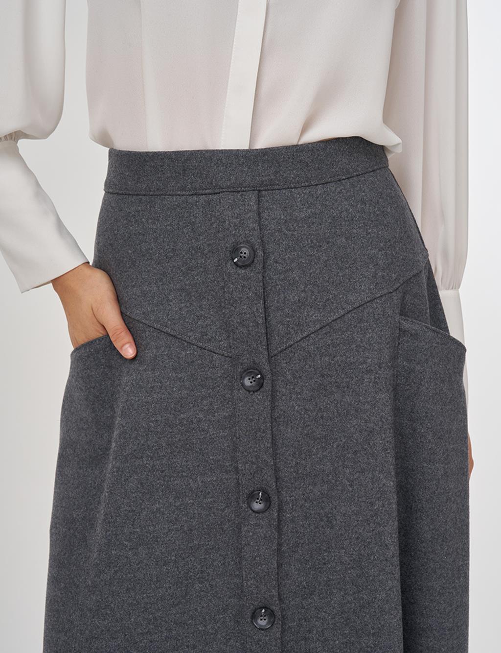 Düğmeli Keçe Etek Füme