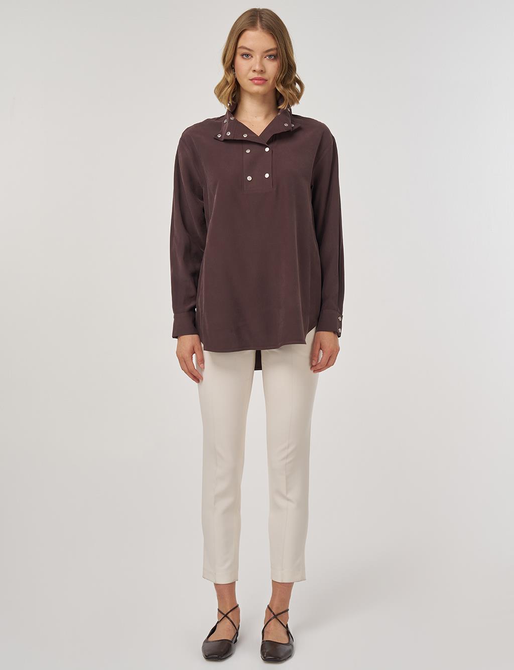 Çıt Çıt Kapamalı Geniş Yaka Tunik Koyu Kahve
