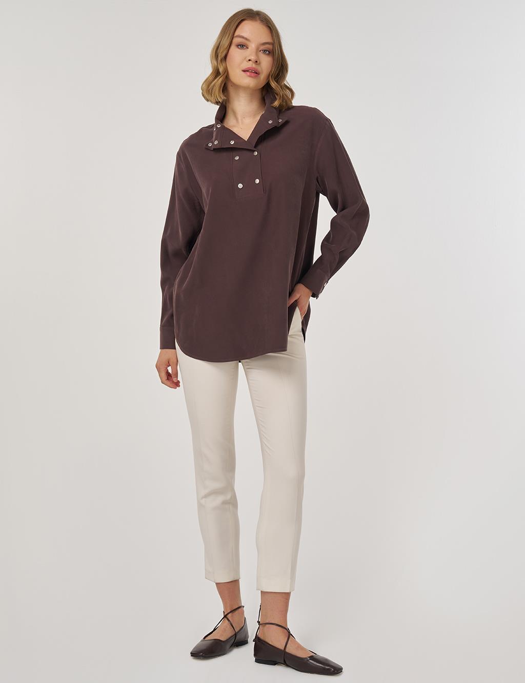Çıt Çıt Kapamalı Geniş Yaka Tunik Koyu Kahve