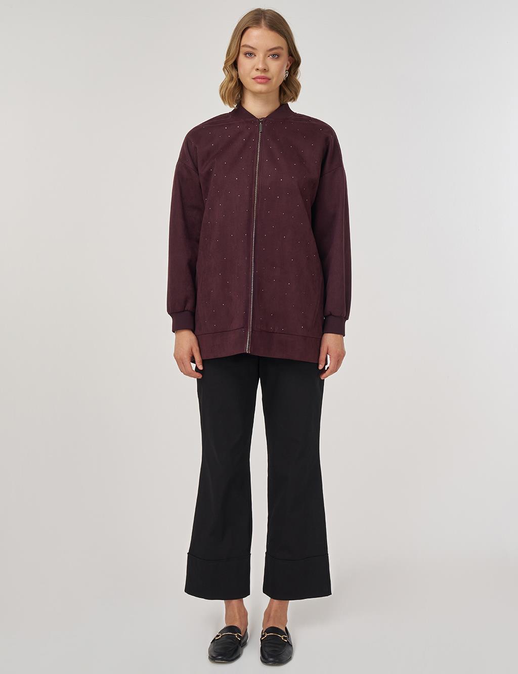 Hotfix Baskılı Süet Ceket Koyu Bordo