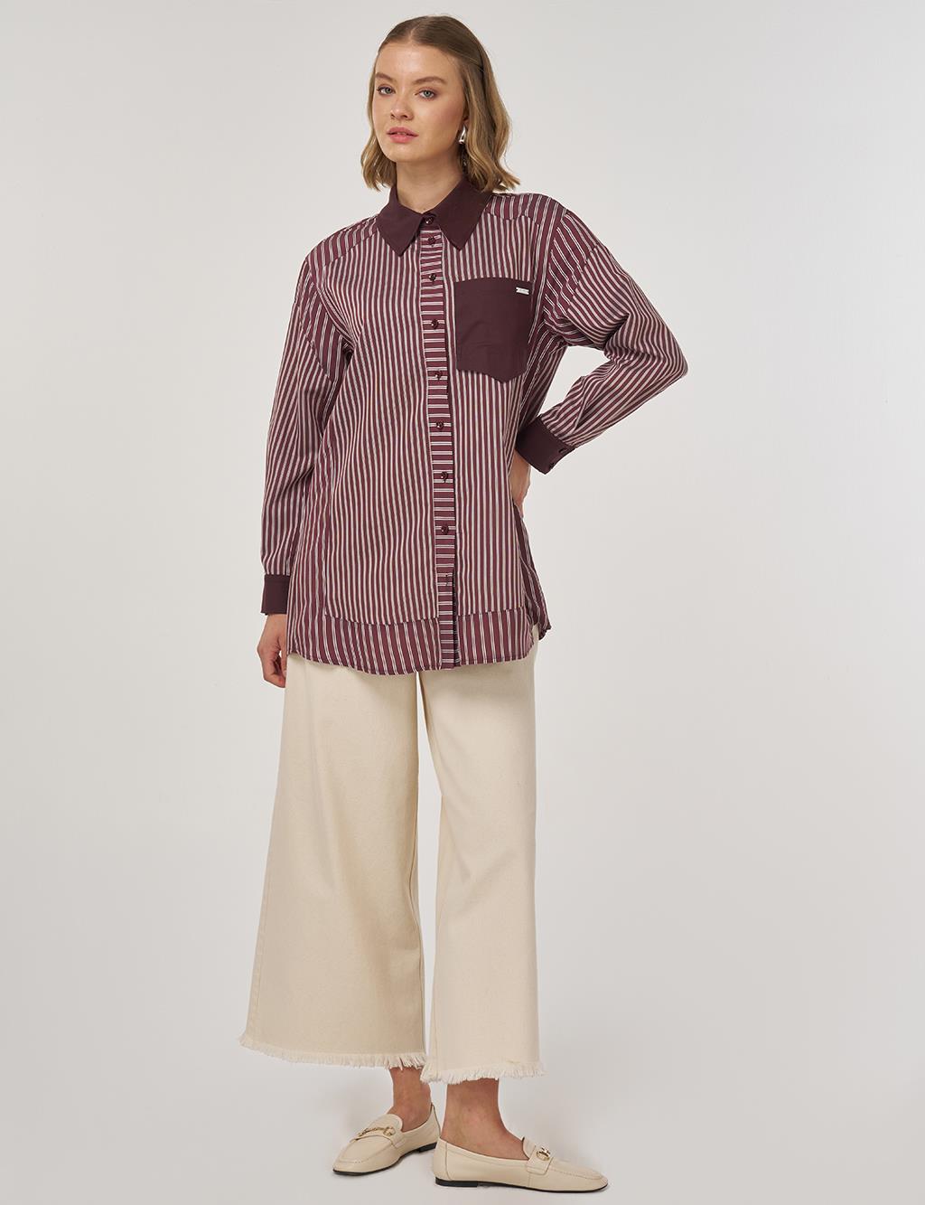 Çizgi Desen Viskon Tunik Koyu Bordo 