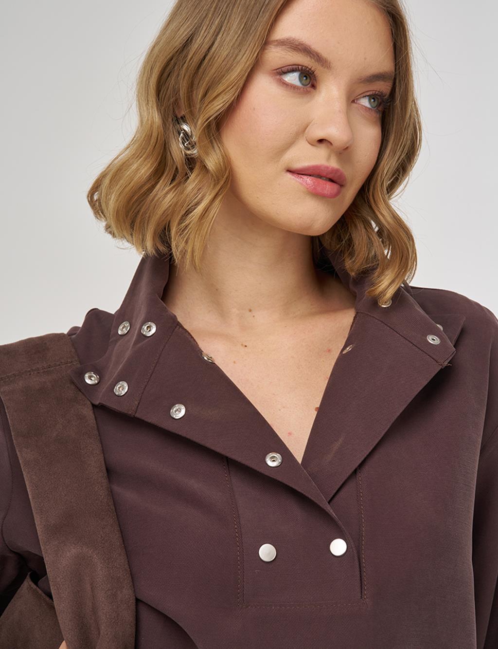 Çıt Çıt Kapamalı Geniş Yaka Tunik Koyu Kahve