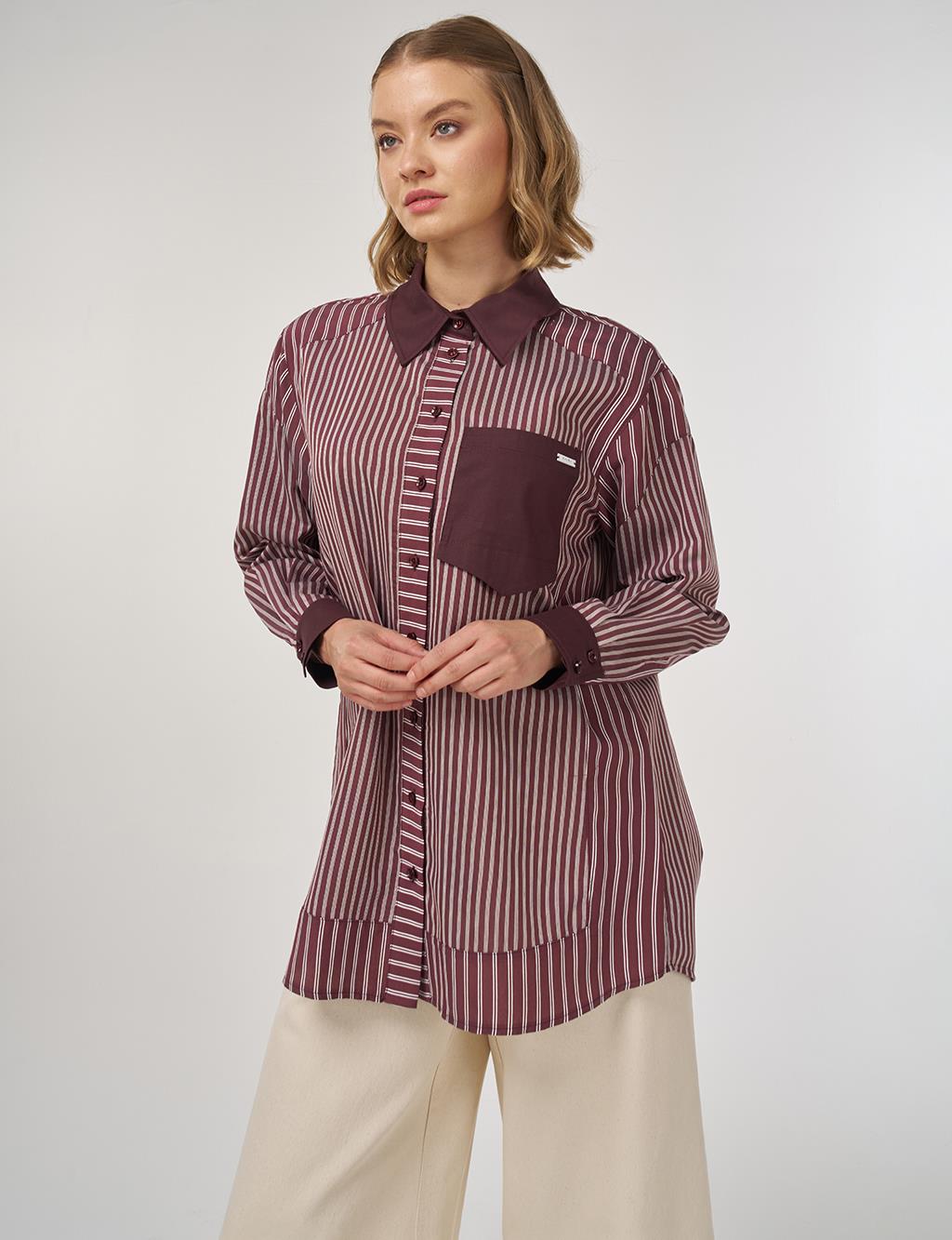 Çizgi Desen Viskon Tunik Koyu Bordo 