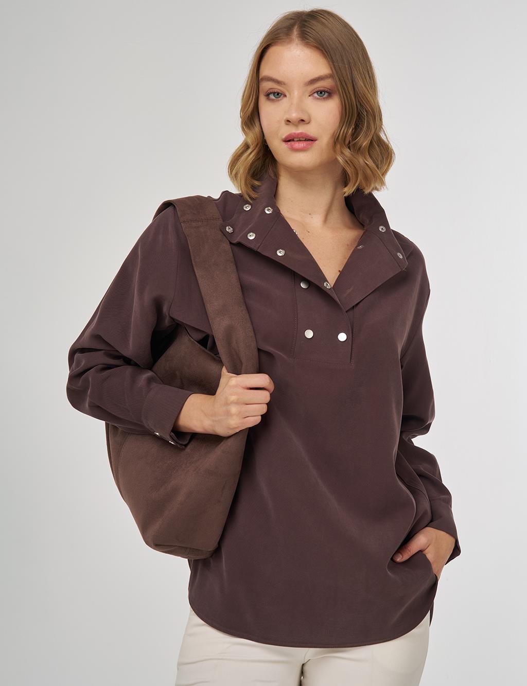 Çıt Çıt Kapamalı Geniş Yaka Tunik Koyu Kahve