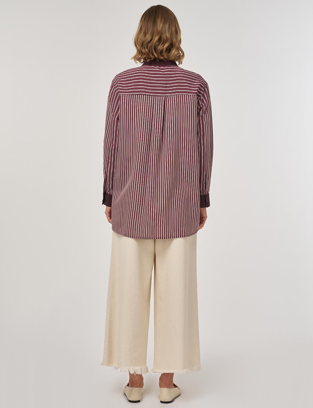 Çizgi Desen Viskon Tunik Koyu Bordo 