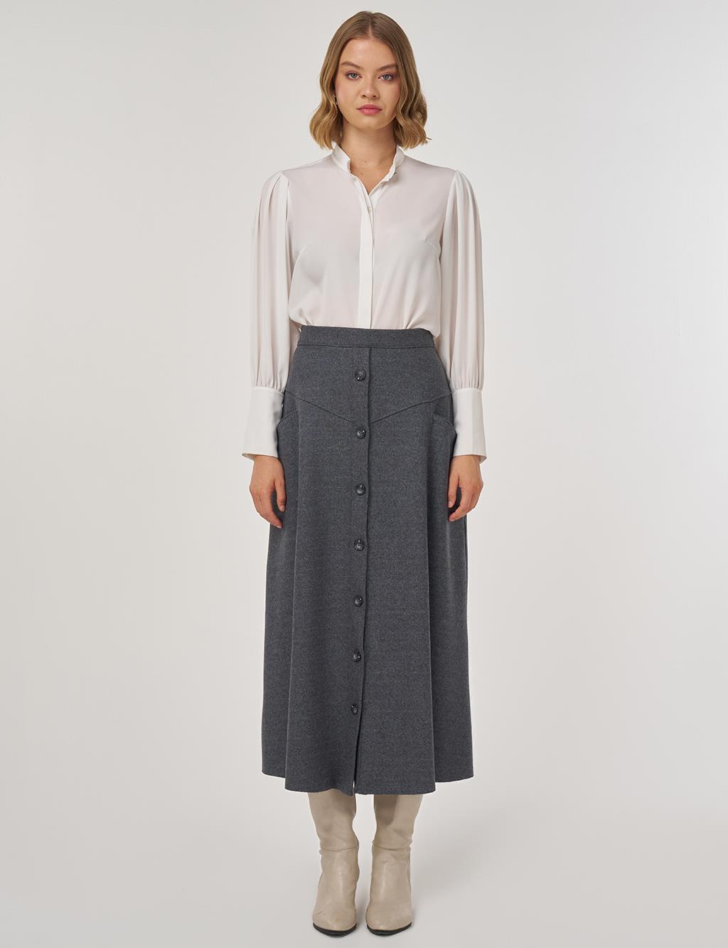 Düğmeli Keçe Etek Füme