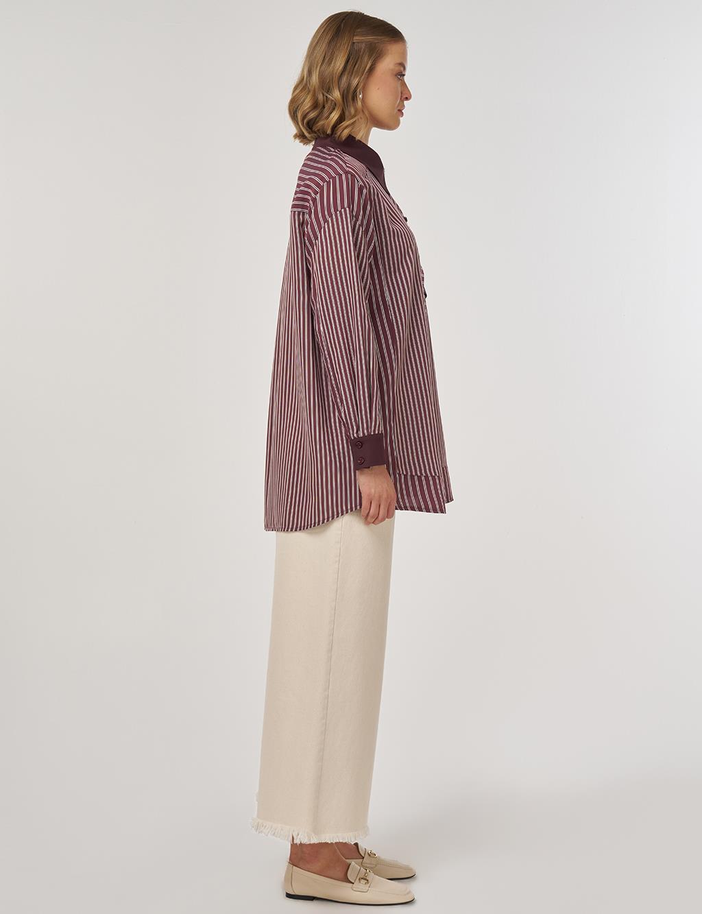 Çizgi Desen Viskon Tunik Koyu Bordo 