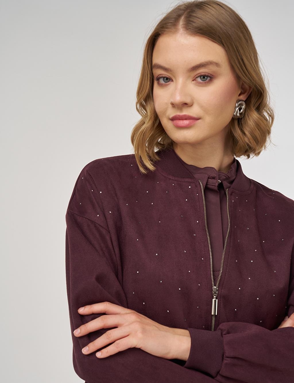 Hotfix Baskılı Süet Ceket Koyu Bordo