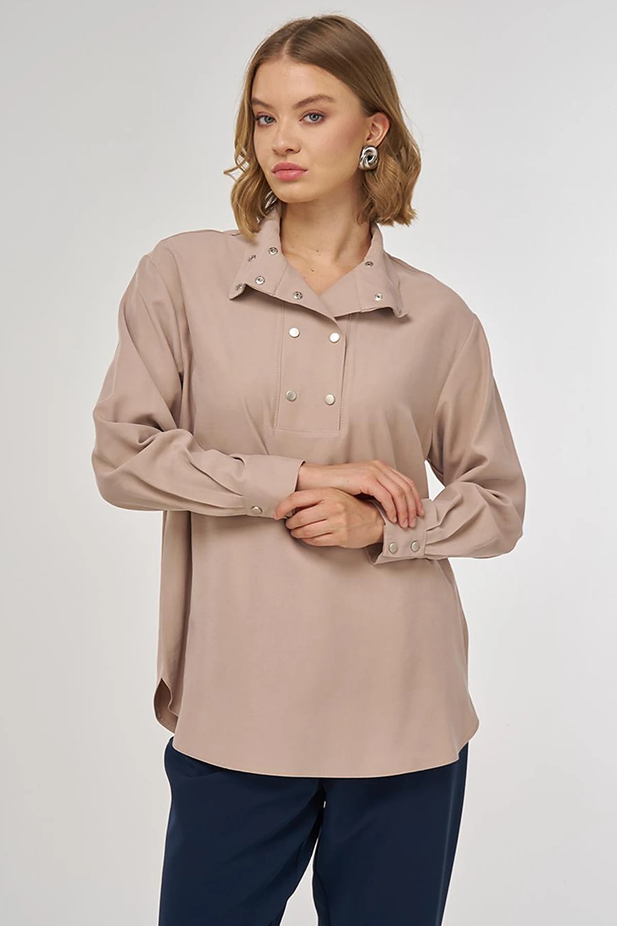 Snap-Front Wide-Neck Tunic in Mink