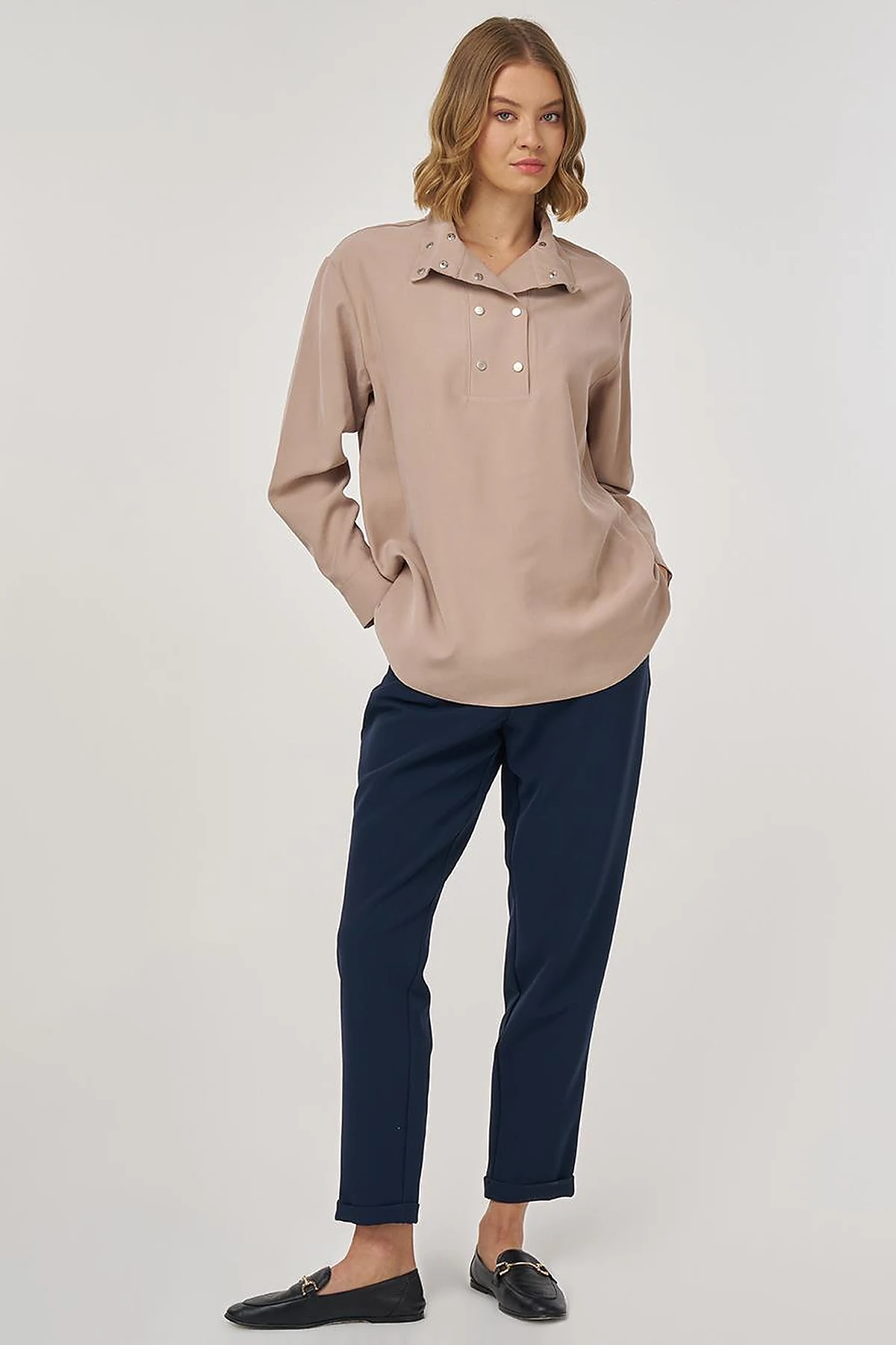 Snap-Front Wide-Neck Tunic in Mink