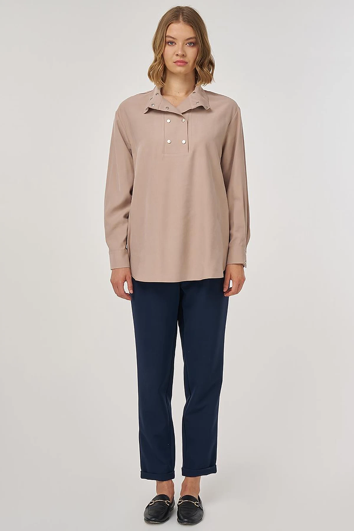 Snap-Front Wide-Neck Tunic in Mink