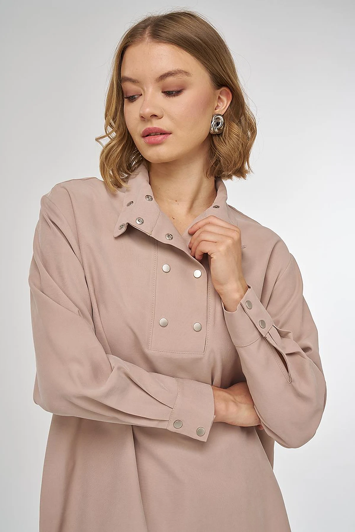 Snap-Front Wide-Neck Tunic in Mink