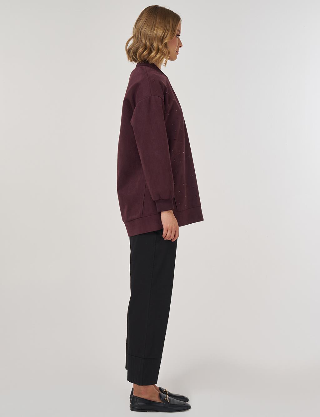 Hotfix Baskılı Süet Ceket Koyu Bordo