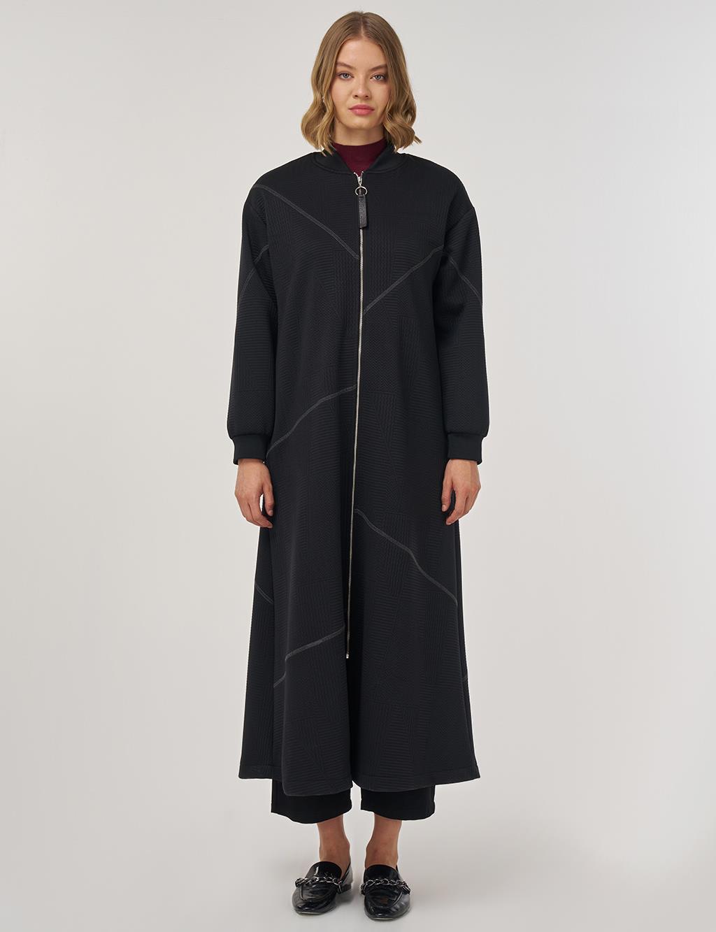 College Collar Textured Topcoat in Black