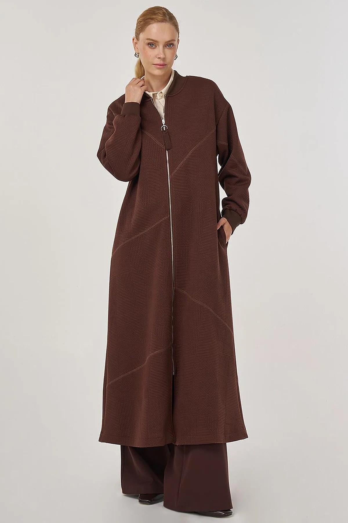 College Collar Textured Topcoat in Dark Brown