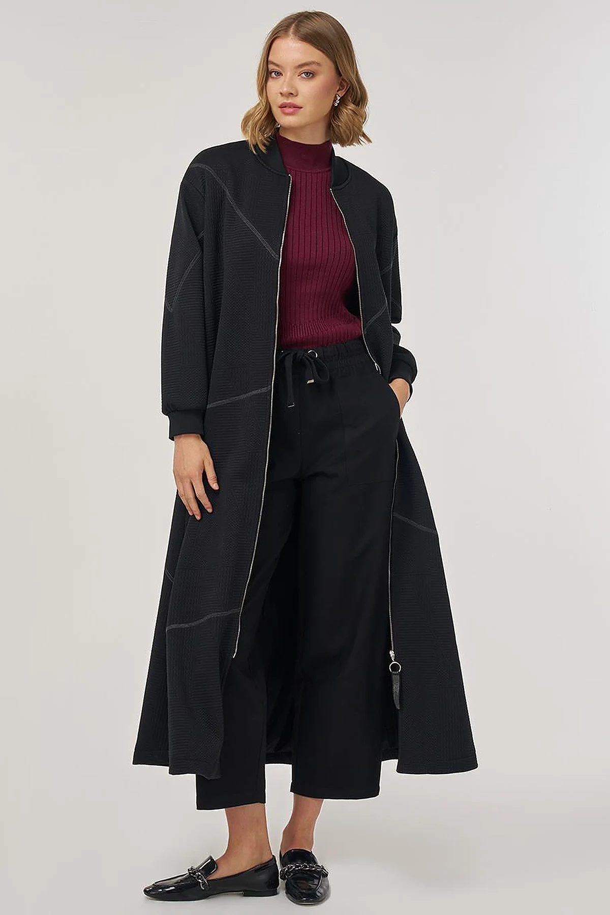 College Collar Textured Topcoat in Black