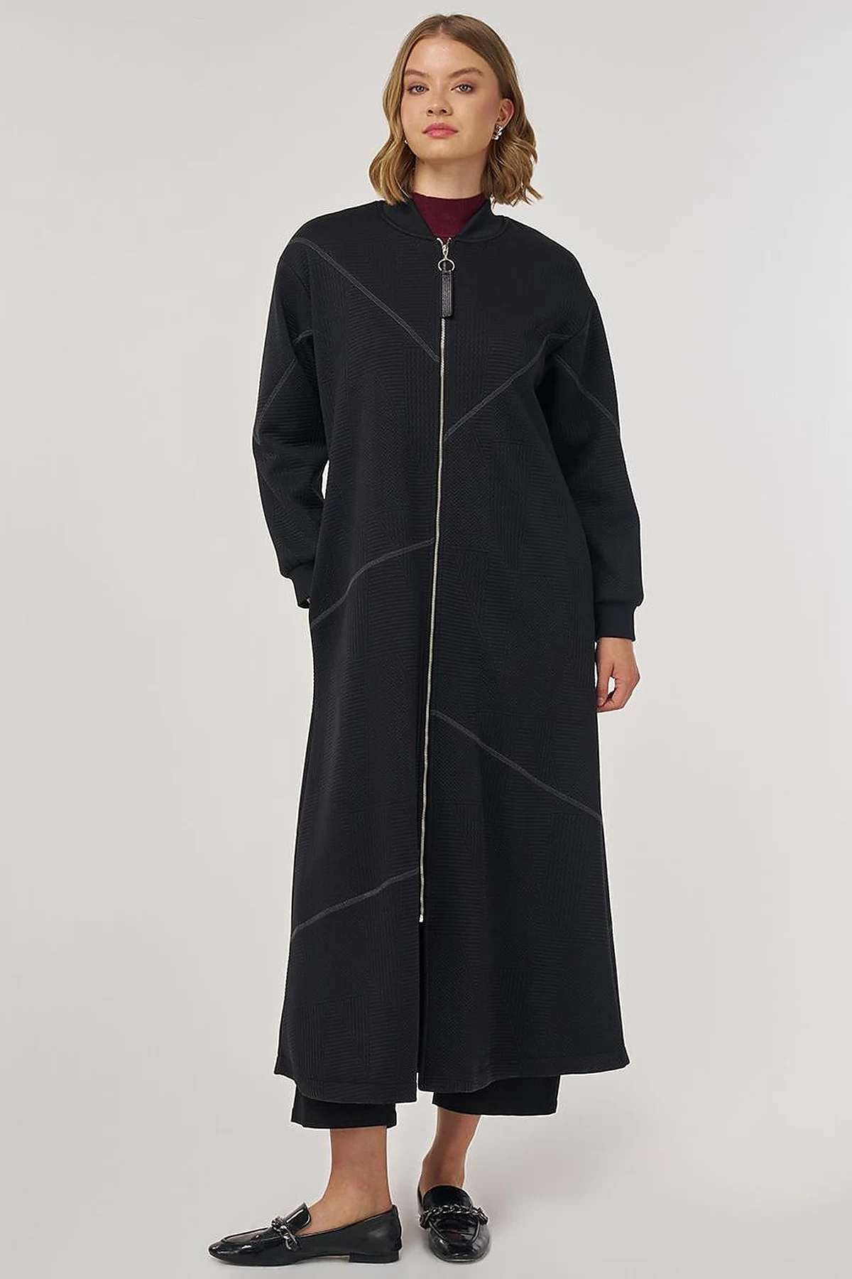 College Collar Textured Topcoat in Black