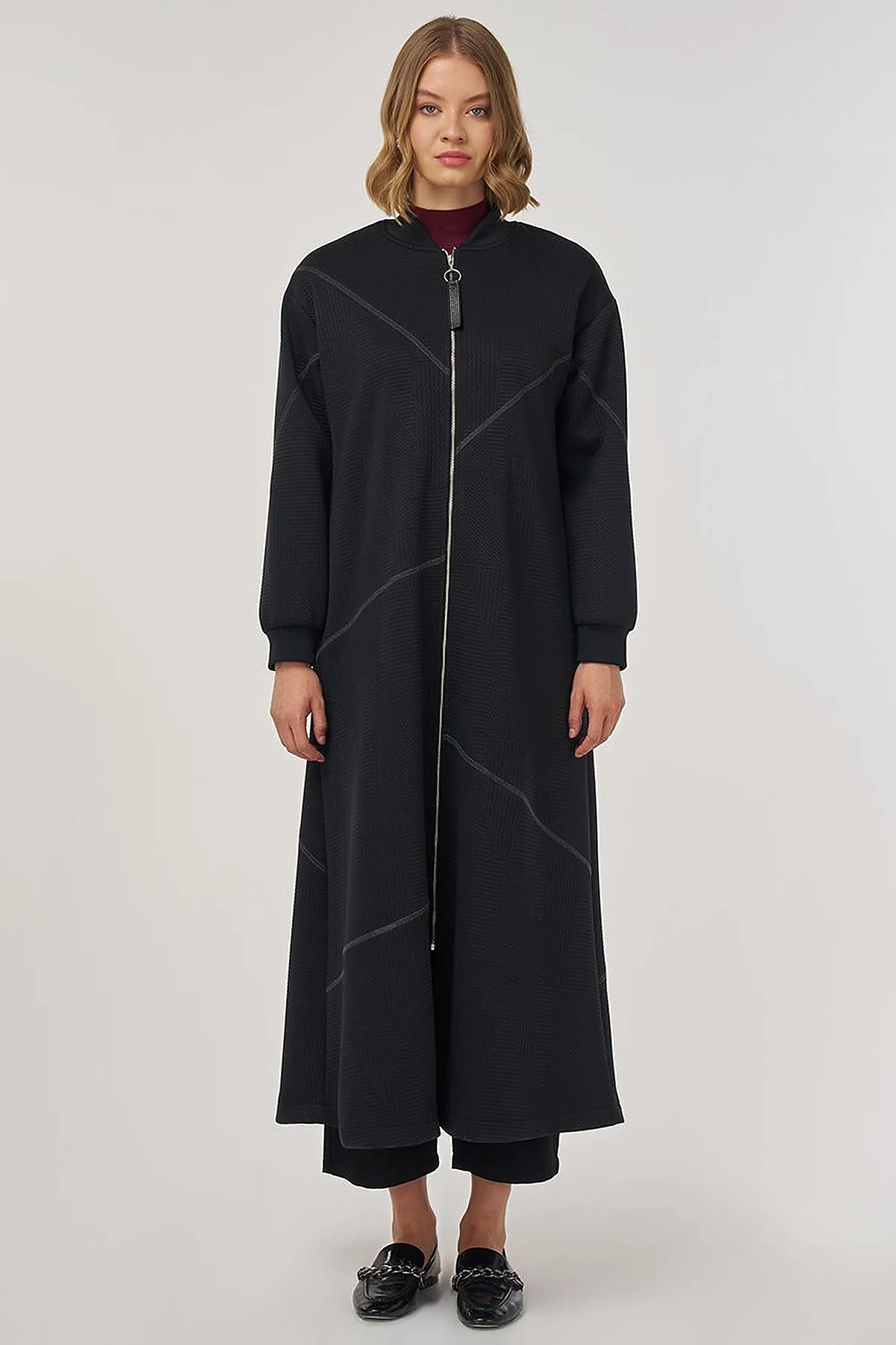 College Collar Textured Topcoat in Black