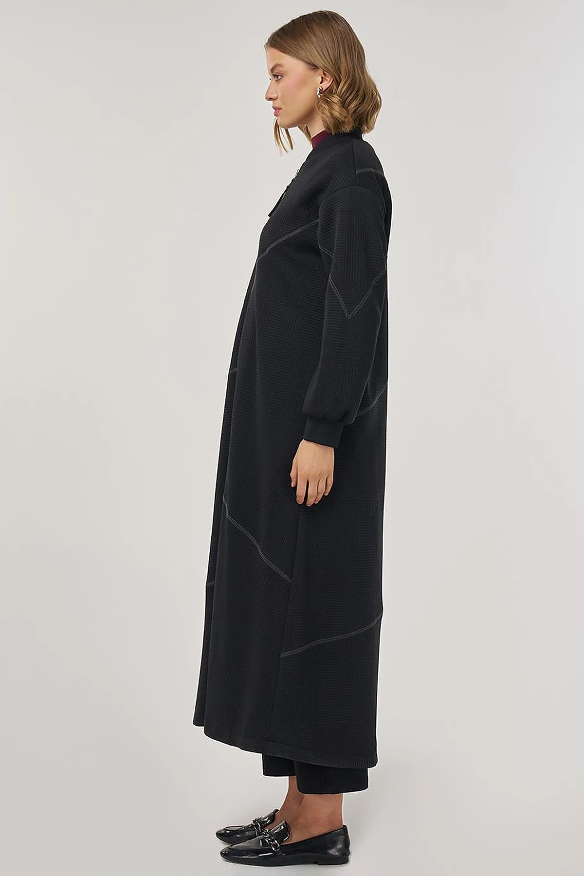 College Collar Textured Topcoat in Black