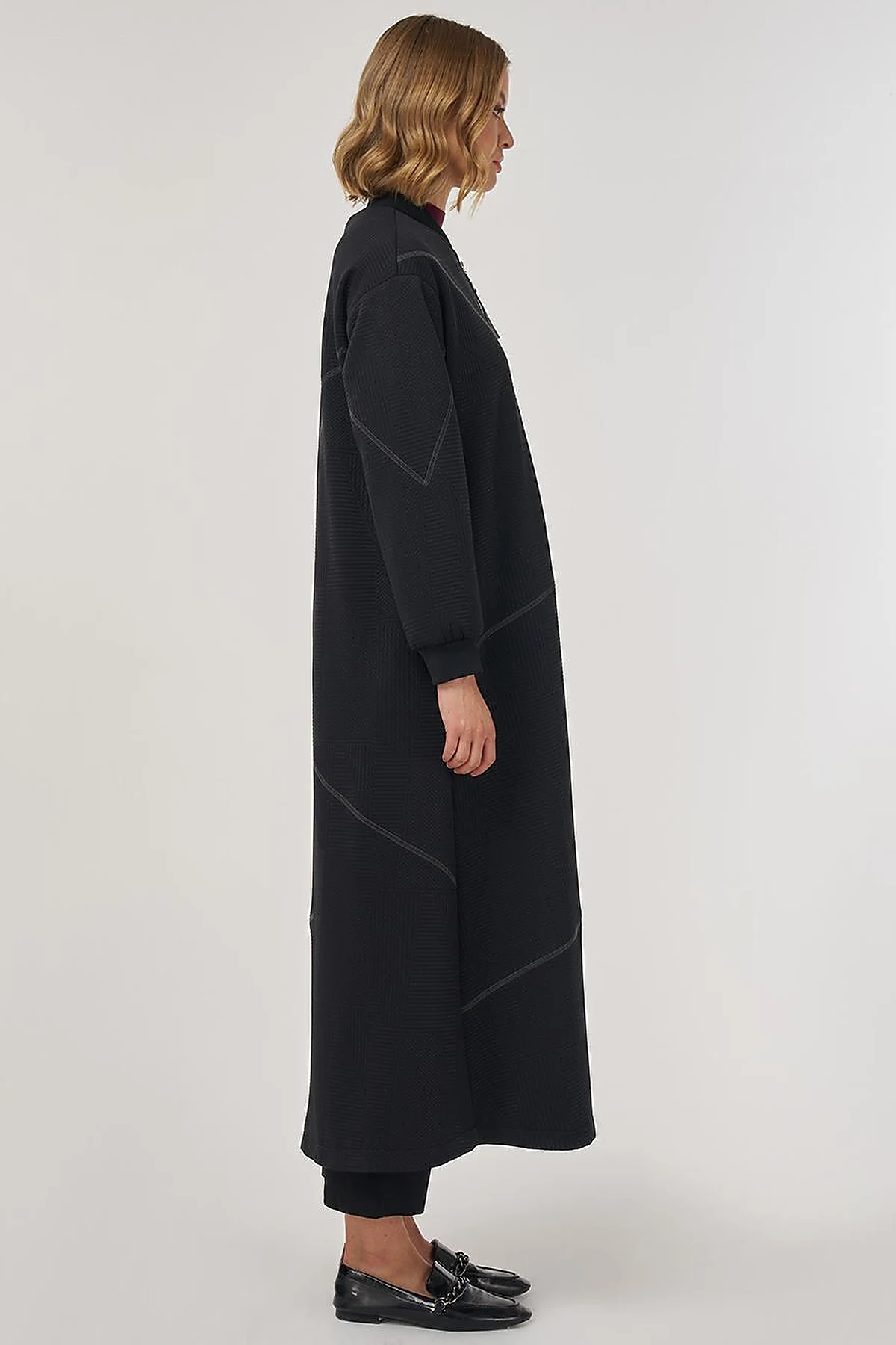 College Collar Textured Topcoat in Black