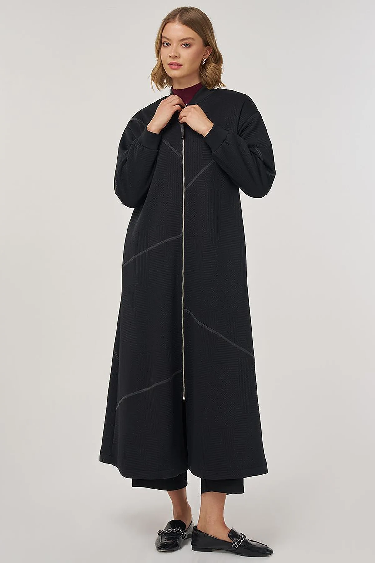College Collar Textured Topcoat in Black