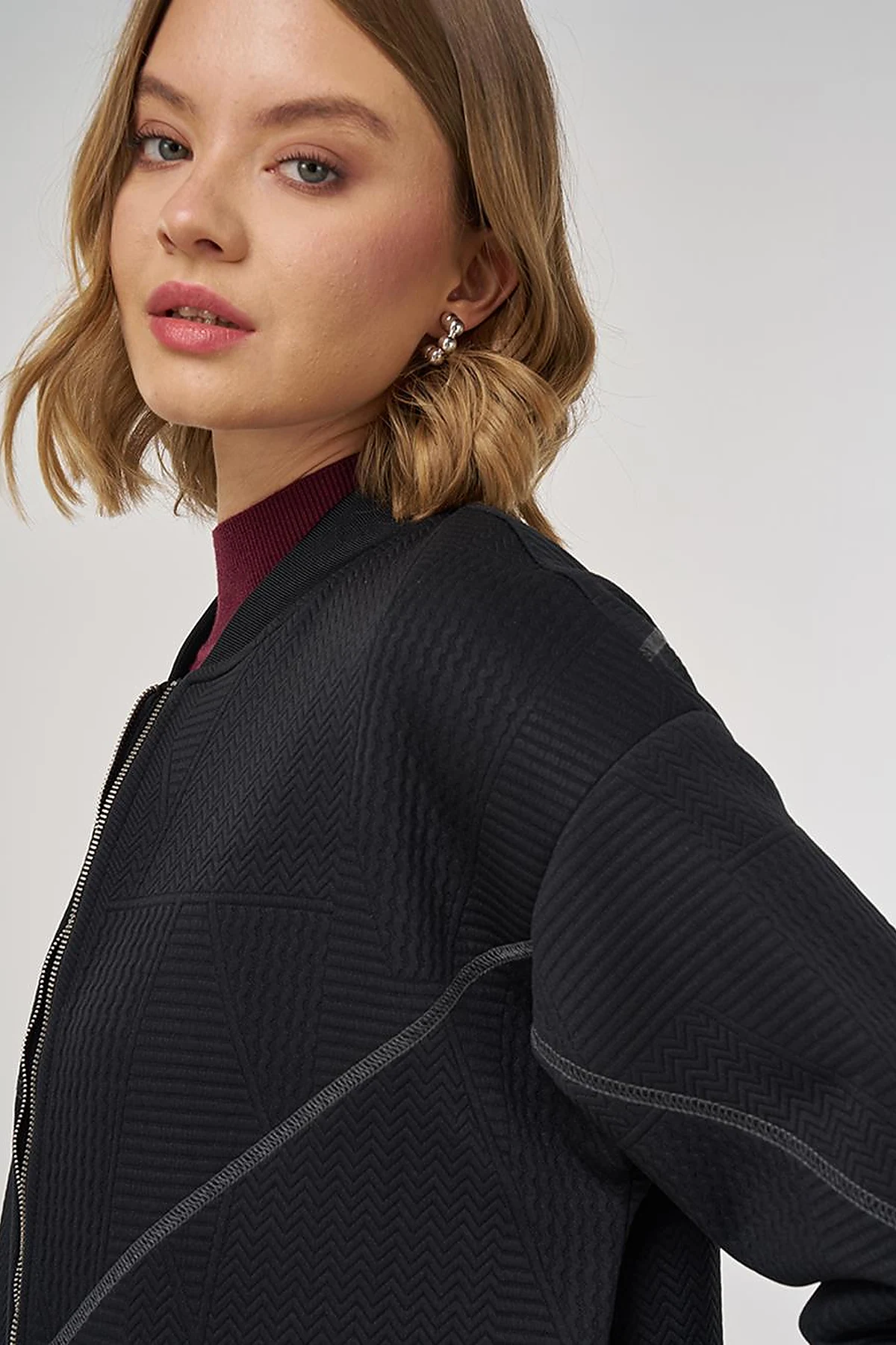 College Collar Textured Topcoat in Black