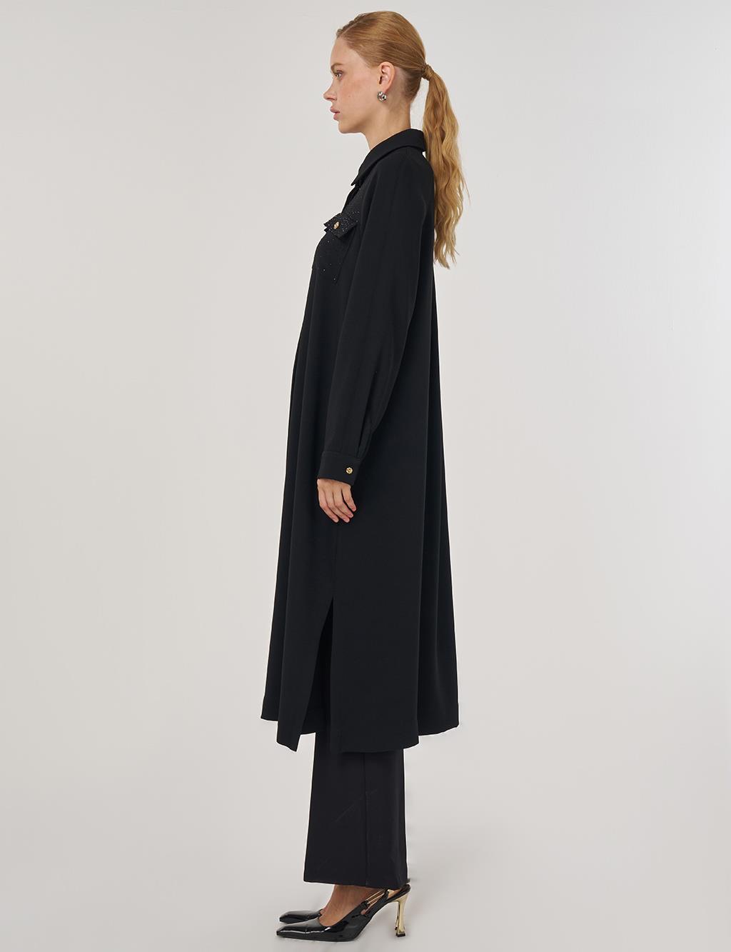 Hotfix Baskılı Uzun Tunik Siyah