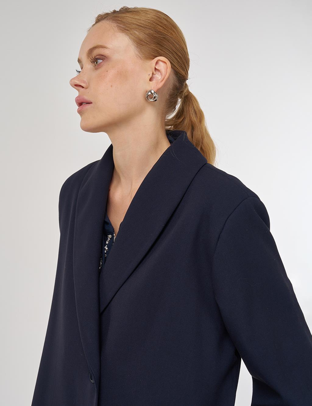 Notched Collar Viscose Coat Dark Navy