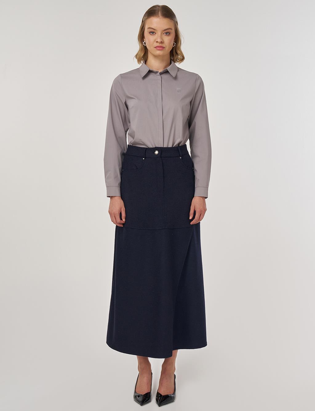 Panel-Stitched Felt Skirt Dark Navy 