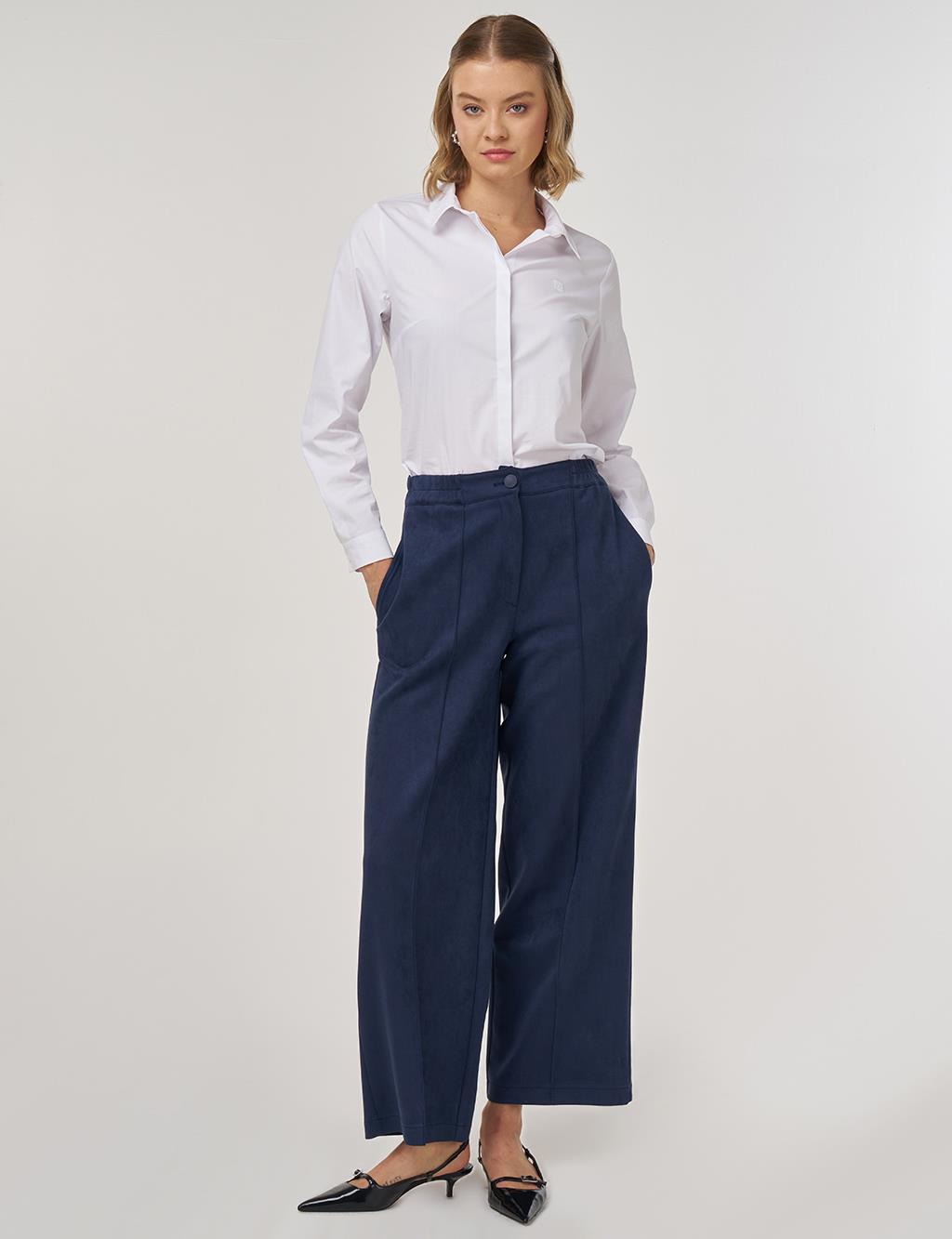 Topstitch Suede Trousers in Dark Navy