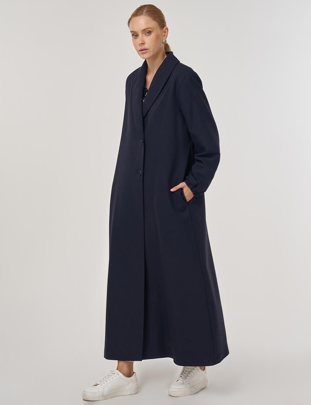 Notched Collar Viscose Coat Dark Navy