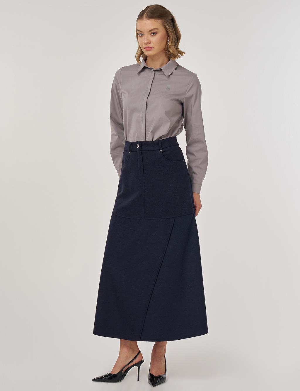 Panel-Stitched Felt Skirt Dark Navy 