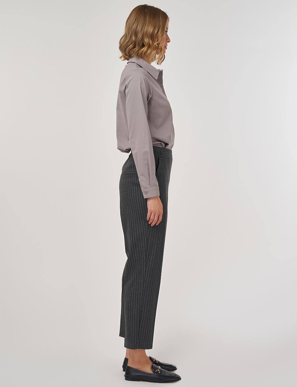 Çizgili Klasik Pantolon Füme 