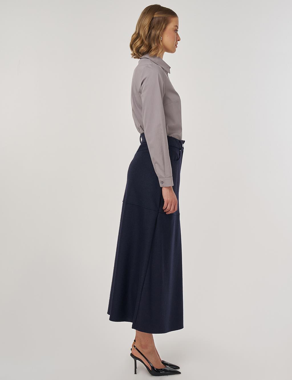 Panel-Stitched Felt Skirt Dark Navy 