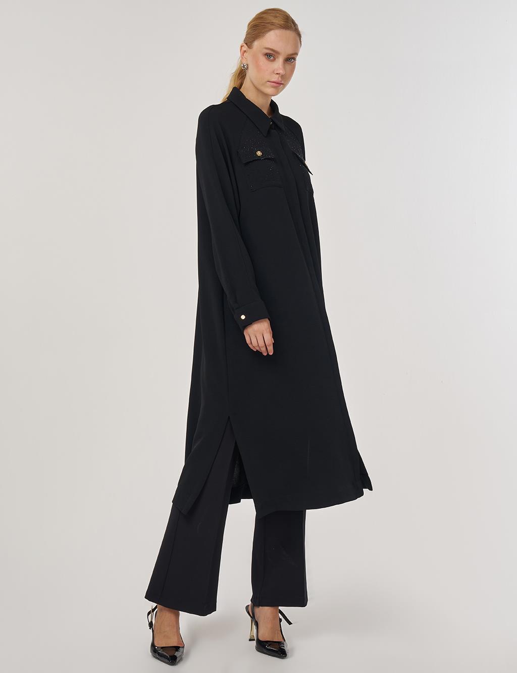 Hotfix Baskılı Uzun Tunik Siyah