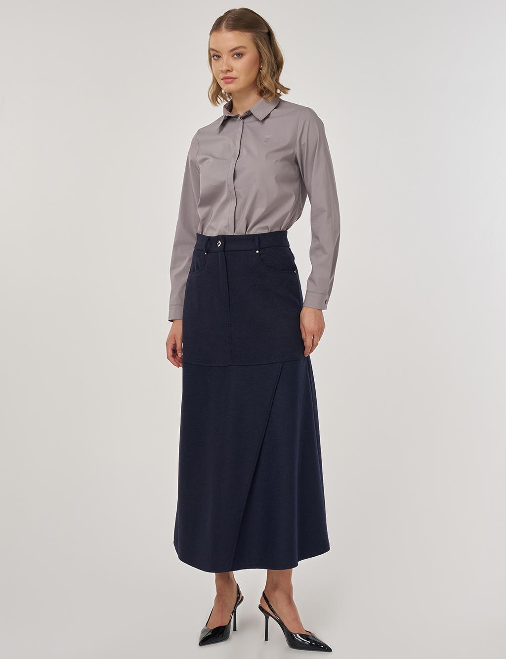 Panel-Stitched Felt Skirt Dark Navy 